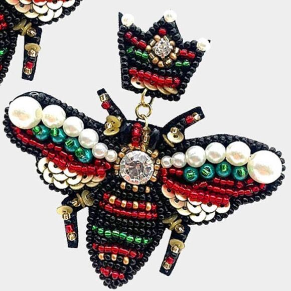 Honey Bee Red & Green Seed Bead Dangle Earrings - Picture 2 of 5